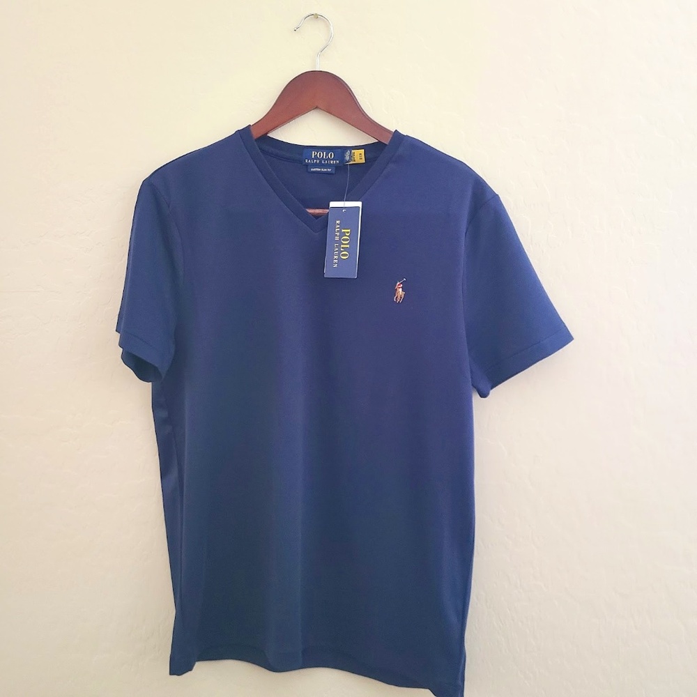 Polo Ralph Lauren Mens Medium Custom Slim FIt Navy Medium V-neck Shirt